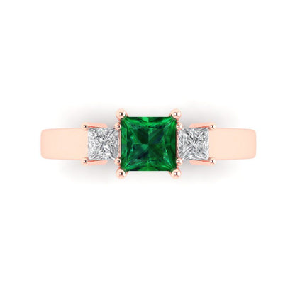 1.11 cttw Simulated Emerald Three-Stone Engagement Ring - Solid Rose Gold (VVS1, Princess Cut,5.0mm)