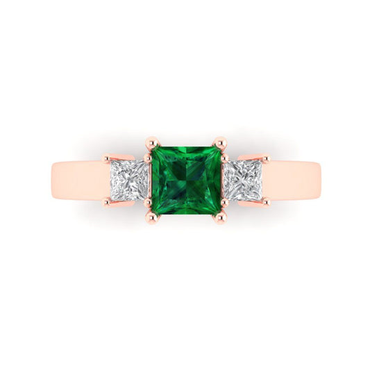 1.11 cttw Simulated Emerald Three-Stone Engagement Ring - Solid Rose Gold (VVS1, Princess Cut,5.0mm)