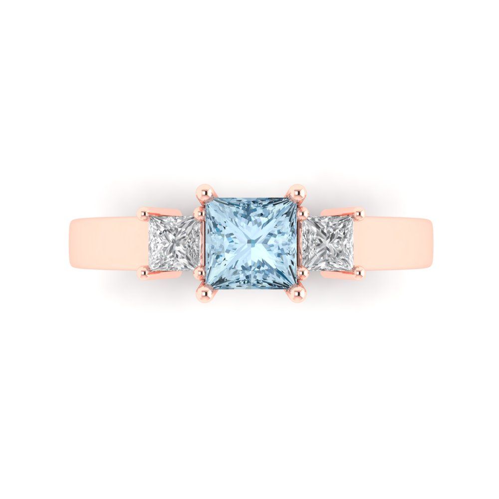1.11 cttw Zirconia Simulated Blue Diamond Three-Stone Engagement Ring - Solid Rose Gold (VVS1, Princess Cut,5.0mm)