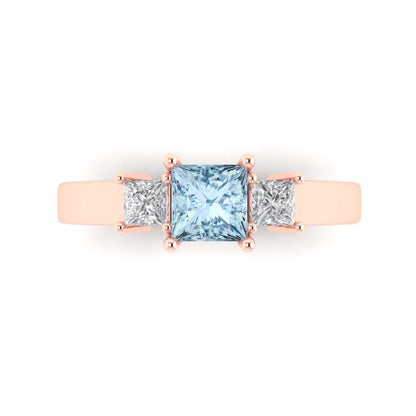 1.11 cttw Zirconia Simulated Blue Diamond Three-Stone Engagement Ring - Solid Rose Gold (VVS1, Princess Cut,5.0mm)