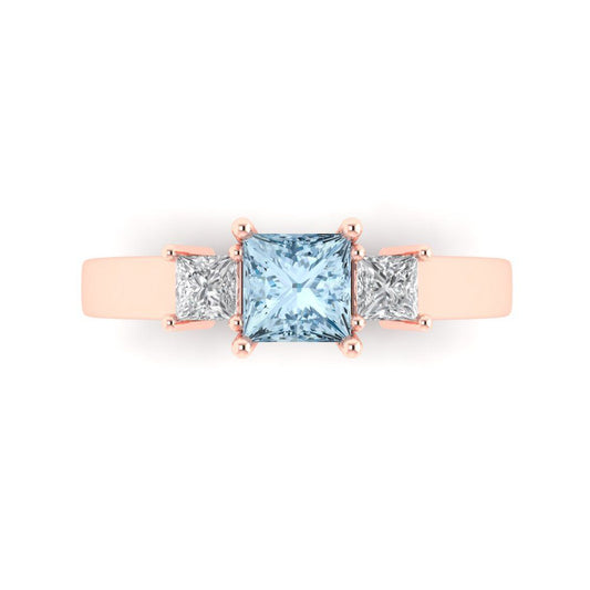 1.11 cttw Zirconia Simulated Blue Diamond Three-Stone Engagement Ring - Solid Rose Gold (VVS1, Princess Cut,5.0mm)