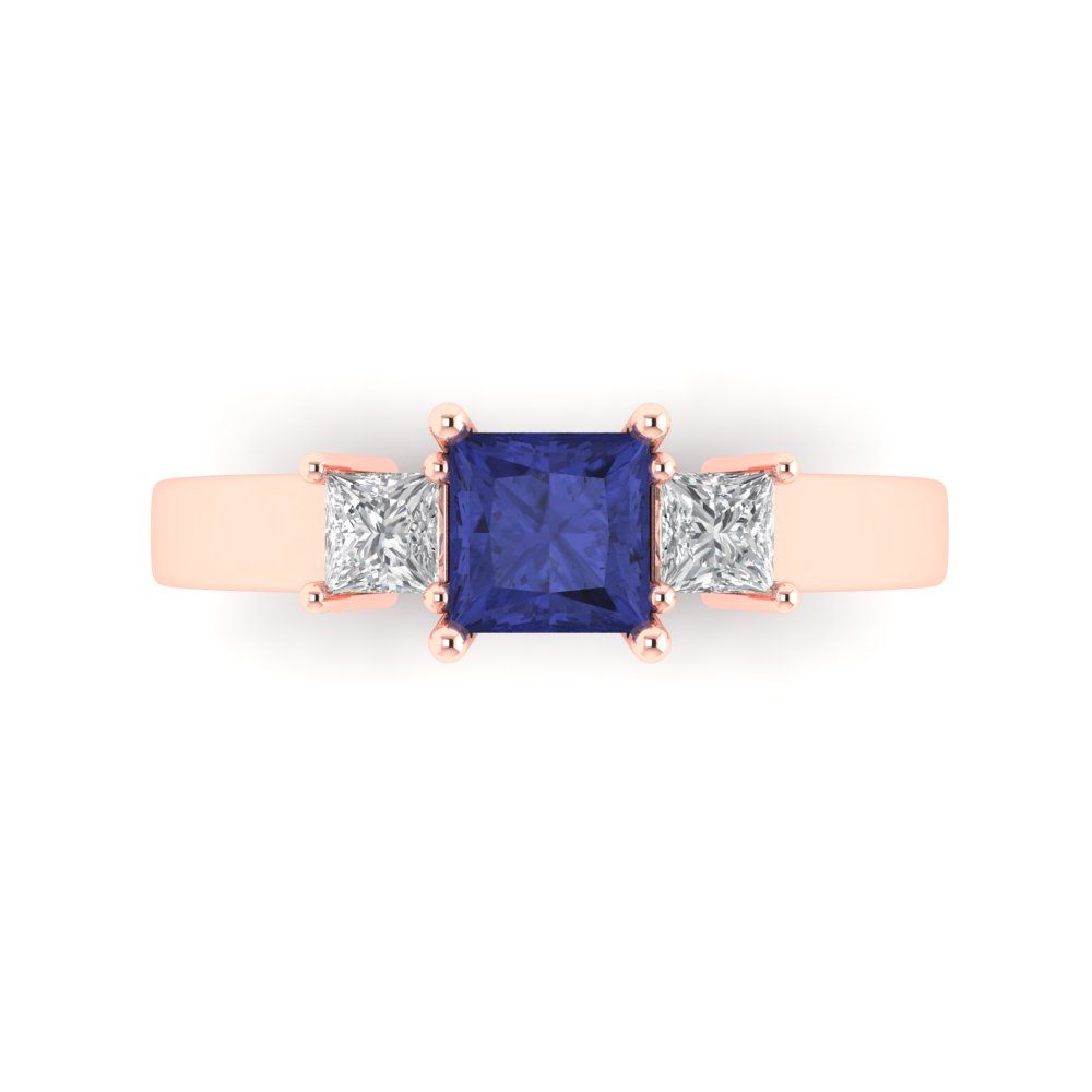 1.11 cttw Simulated Tanzanite Three-Stone Engagement Ring - Solid Rose Gold (VVS1, Princess Cut,5.0mm)