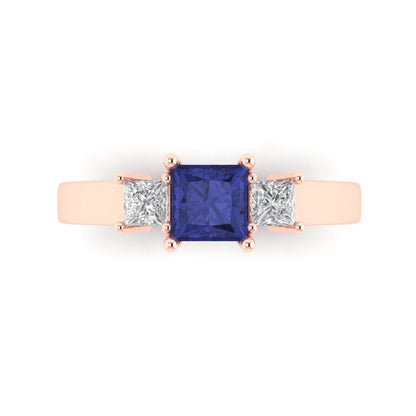 1.11 cttw Simulated Tanzanite Three-Stone Engagement Ring - Solid Rose Gold (VVS1, Princess Cut,5.0mm)