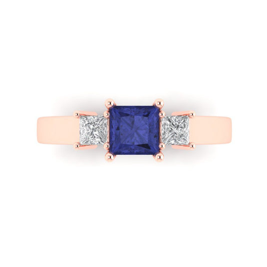 1.11 cttw Simulated Tanzanite Three-Stone Engagement Ring - Solid Rose Gold (VVS1, Princess Cut,5.0mm)