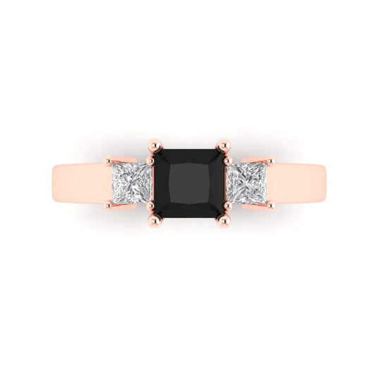 1.11 cttw Natural Onyx Three-Stone Engagement Ring - Solid Rose Gold (VVS1, Princess Cut,5.0mm)