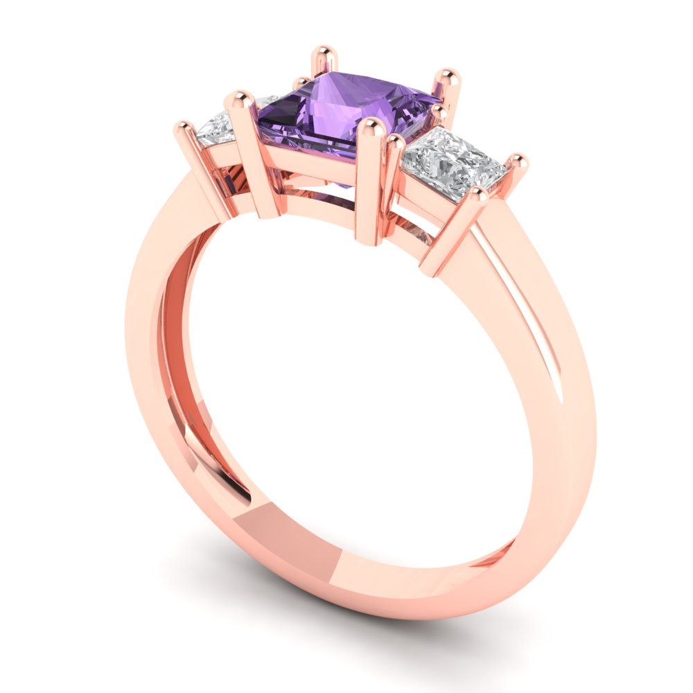 1.11 cttw Simulated Alexandrite Three-Stone Engagement Ring - Solid Rose Gold (VVS1, Princess Cut,5.0mm)