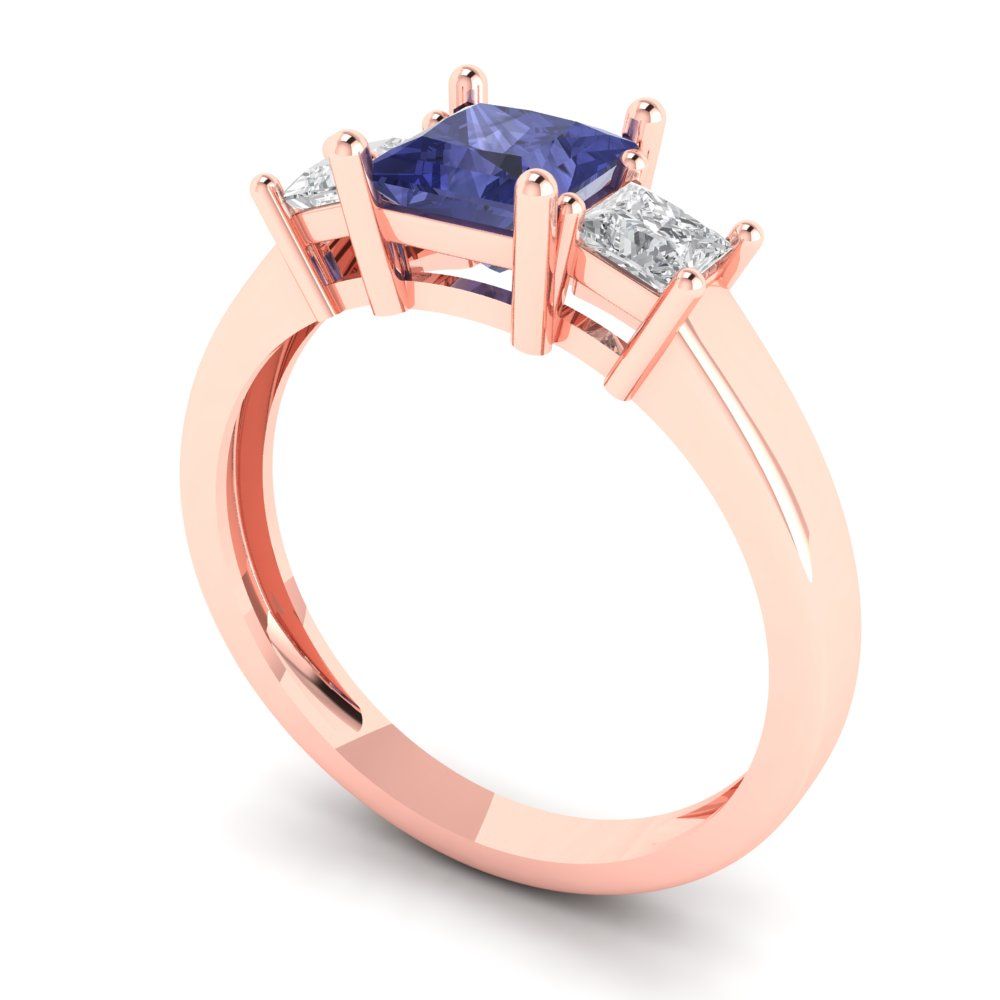 1.11 cttw Simulated Tanzanite Three-Stone Engagement Ring - Solid Rose Gold (VVS1, Princess Cut,5.0mm)