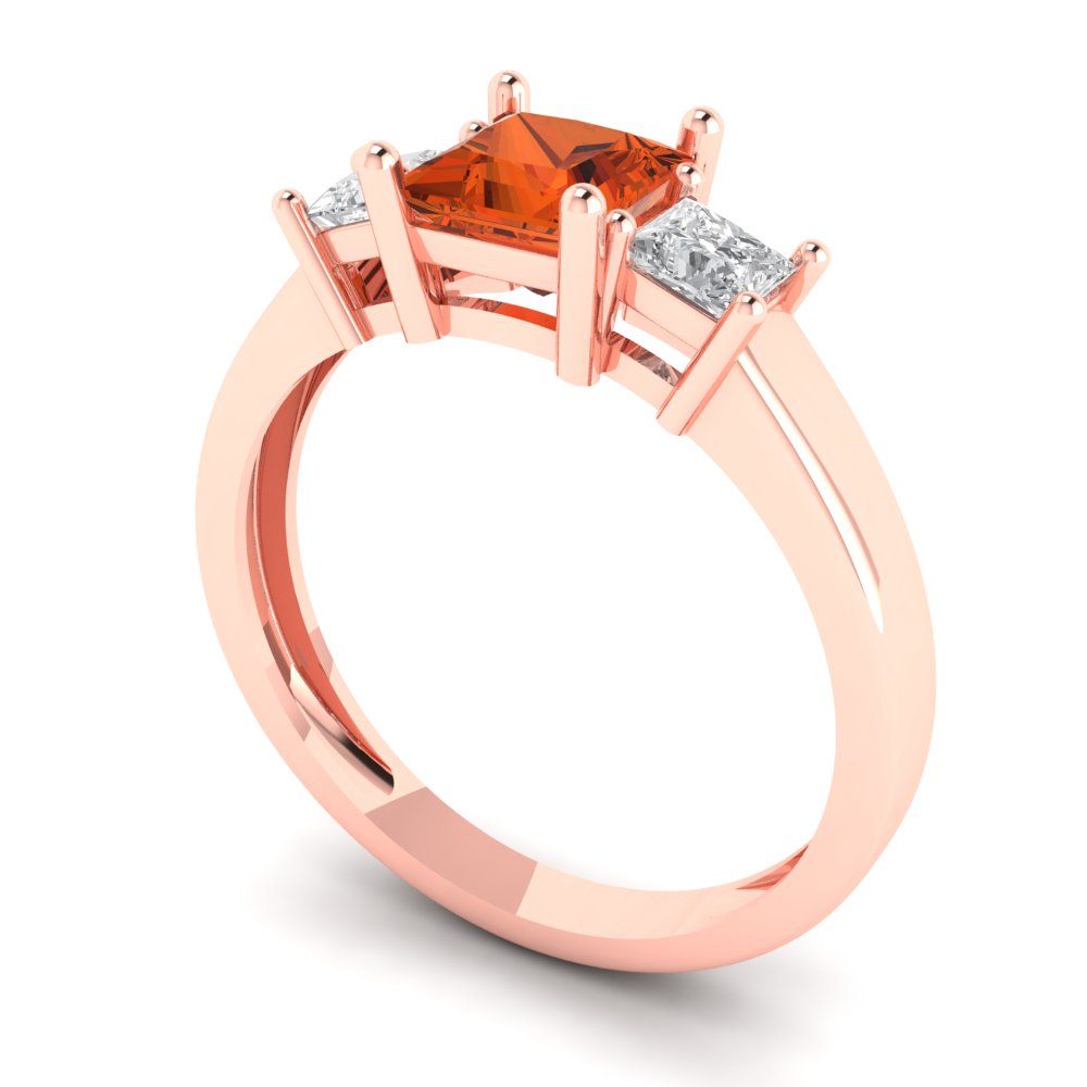 1.11 cttw Zirconia Simulated Red Diamond Three-Stone Engagement Ring - Solid Rose Gold (VVS1, Princess Cut,5.0mm)