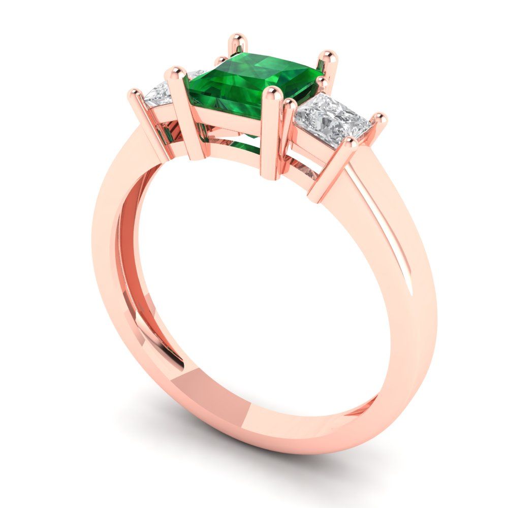1.11 cttw Simulated Emerald Three-Stone Engagement Ring - Solid Rose Gold (VVS1, Princess Cut,5.0mm)