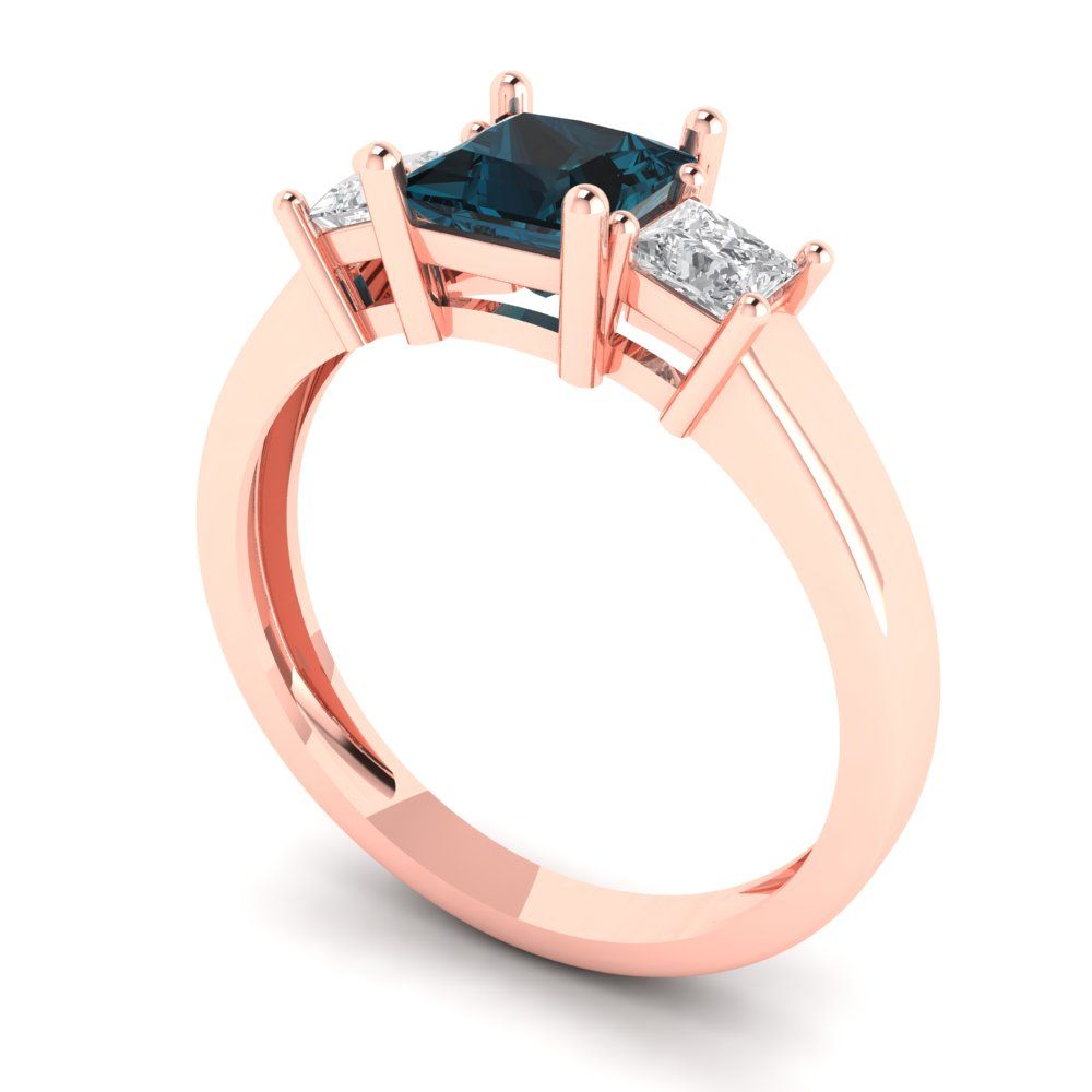 1.11 cttw Natural London Blue Topaz Three-Stone Engagement Ring - Solid Rose Gold (VVS1, Princess Cut,5.0mm)