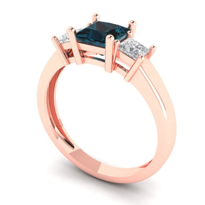 1.11 cttw Natural London Blue Topaz Three-Stone Engagement Ring - Solid Rose Gold (VVS1, Princess Cut,5.0mm)