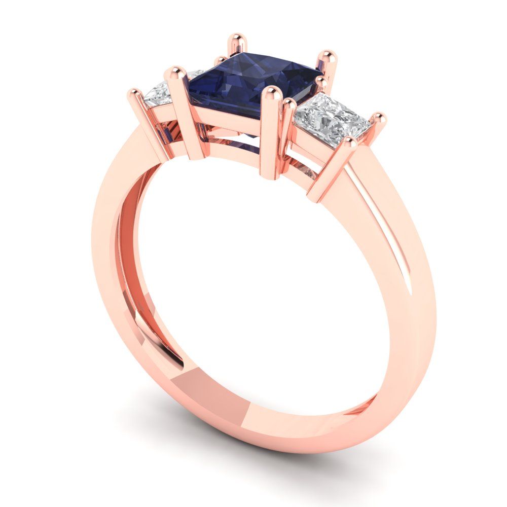 1.11 cttw Simulated Blue Sapphire Three-Stone Engagement Ring - Solid Rose Gold (VVS1, Princess Cut,5.0mm)