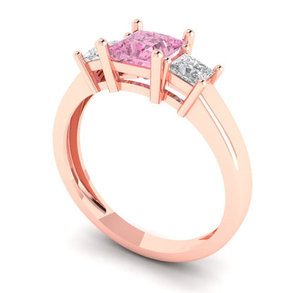 1.11 cttw Zirconia Simulated Pink Diamond Three-Stone Engagement Ring - Solid Rose Gold (VVS1, Princess Cut,5.0mm)