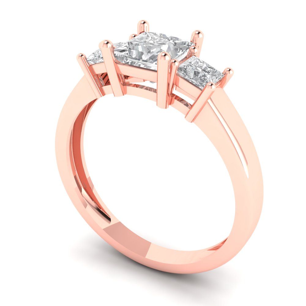 1.11 cttw White Sapphire Three-Stone Engagement Ring - Solid Rose Gold (VVS1, Princess Cut,5.0mm)