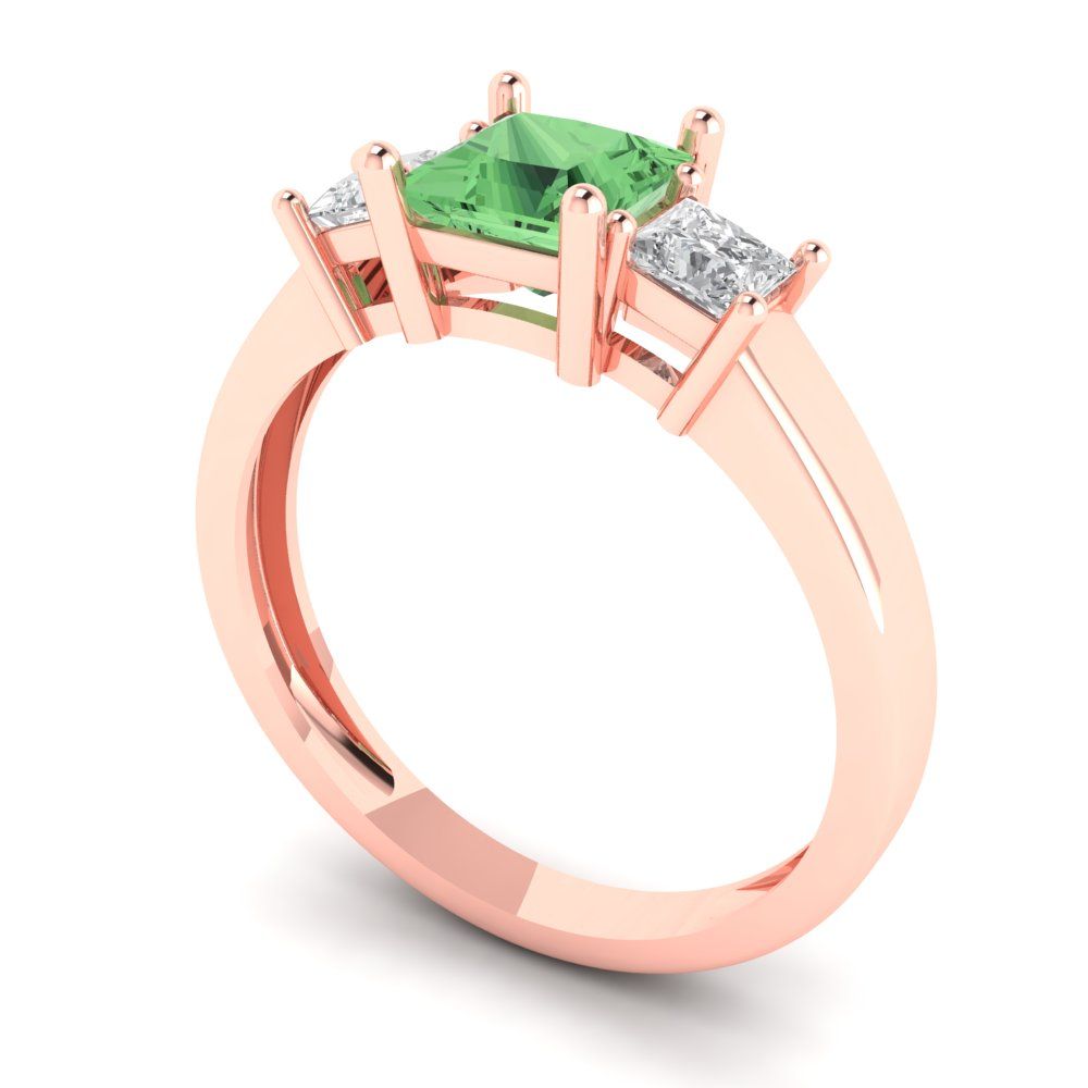 1.11 cttw Zirconia Simulated Green Diamond Three-Stone Engagement Ring - Solid Rose Gold (VVS1, Princess Cut,5.0mm)