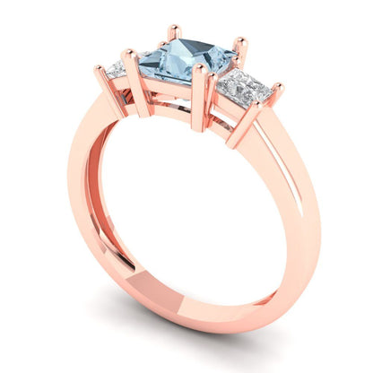 1.11 cttw Zirconia Simulated Blue Diamond Three-Stone Engagement Ring - Solid Rose Gold (VVS1, Princess Cut,5.0mm)