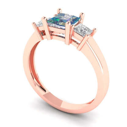 1.11 cttw Blue Moissanite Three-Stone Engagement Ring - Solid Rose Gold (VVS1, Princess Cut,5.0mm)