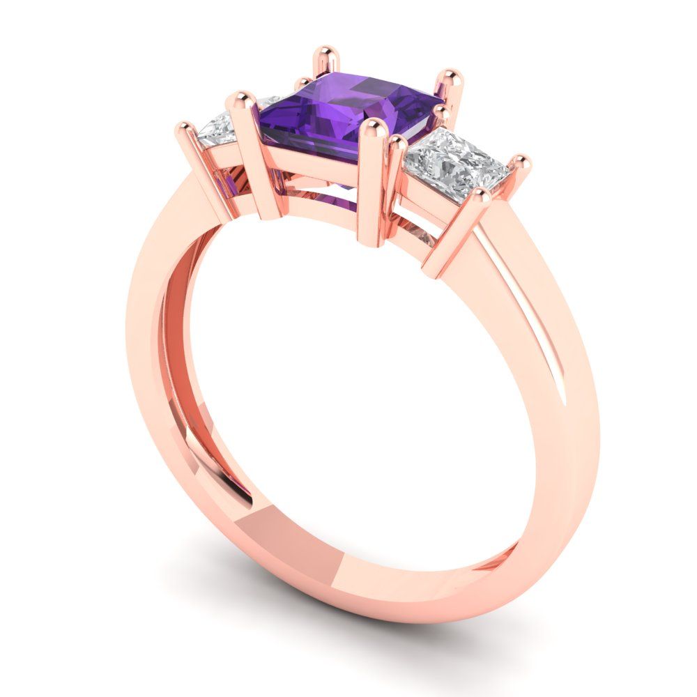 1.11 cttw Natural Amethyst Three-Stone Engagement Ring - Solid Rose Gold (VVS1, Princess Cut,5.0mm)