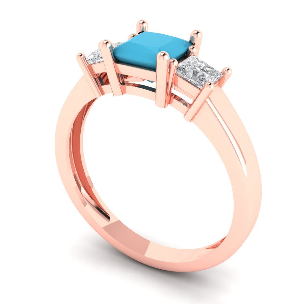 1.11 cttw Simulated Turquoise Three-Stone Engagement Ring - Solid Rose Gold (VVS1, Princess Cut,5.0mm)