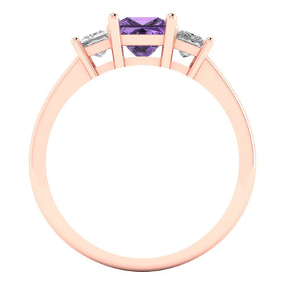 1.11 cttw Simulated Alexandrite Three-Stone Engagement Ring - Solid Rose Gold (VVS1, Princess Cut,5.0mm)