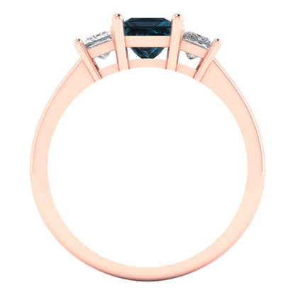 1.11 cttw Natural London Blue Topaz Three-Stone Engagement Ring - Solid Rose Gold (VVS1, Princess Cut,5.0mm)