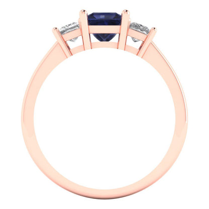 1.11 cttw Simulated Blue Sapphire Three-Stone Engagement Ring - Solid Rose Gold (VVS1, Princess Cut,5.0mm)