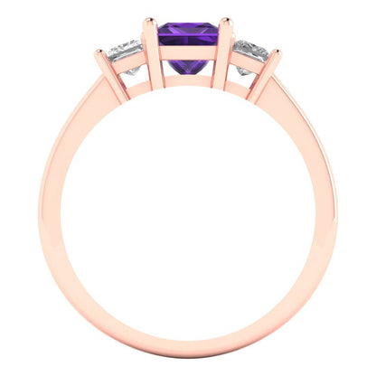 1.11 cttw Natural Amethyst Three-Stone Engagement Ring - Solid Rose Gold (VVS1, Princess Cut,5.0mm)