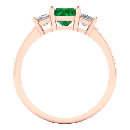 1.11 cttw Simulated Emerald Three-Stone Engagement Ring - Solid Rose Gold (VVS1, Princess Cut,5.0mm)