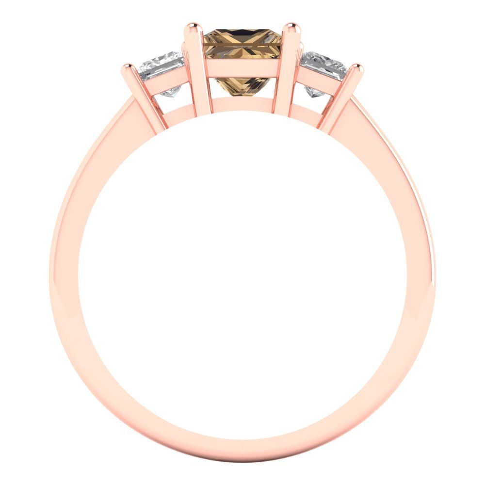 1.11 cttw Zirconia Simulated Champagne Diamond Three-Stone Engagement Ring - Solid Rose Gold (VVS1, Princess Cut,5.0mm)