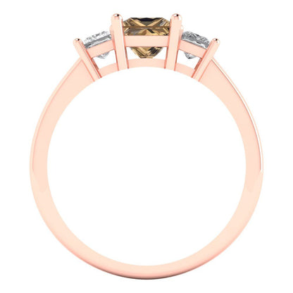 1.11 cttw Zirconia Simulated Champagne Diamond Three-Stone Engagement Ring - Solid Rose Gold (VVS1, Princess Cut,5.0mm)