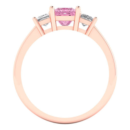 1.11 cttw Zirconia Simulated Pink Diamond Three-Stone Engagement Ring - Solid Rose Gold (VVS1, Princess Cut,5.0mm)