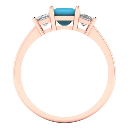 1.11 cttw Simulated Turquoise Three-Stone Engagement Ring - Solid Rose Gold (VVS1, Princess Cut,5.0mm)