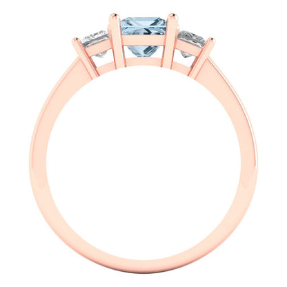 1.11 cttw Natural Aquamarine Three-Stone Engagement Ring - Solid Rose Gold (VVS1, Princess Cut,5.0mm)