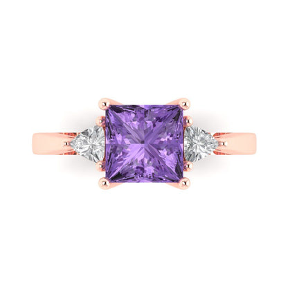 2.32 cttw Simulated Alexandrite Three-Stone Engagement Ring - Solid Rose Gold (VVS1, Princess Cut,7.0mm)