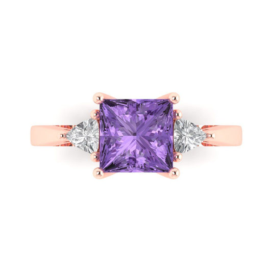 2.32 cttw Simulated Alexandrite Three-Stone Engagement Ring - Solid Rose Gold (VVS1, Princess Cut,7.0mm)