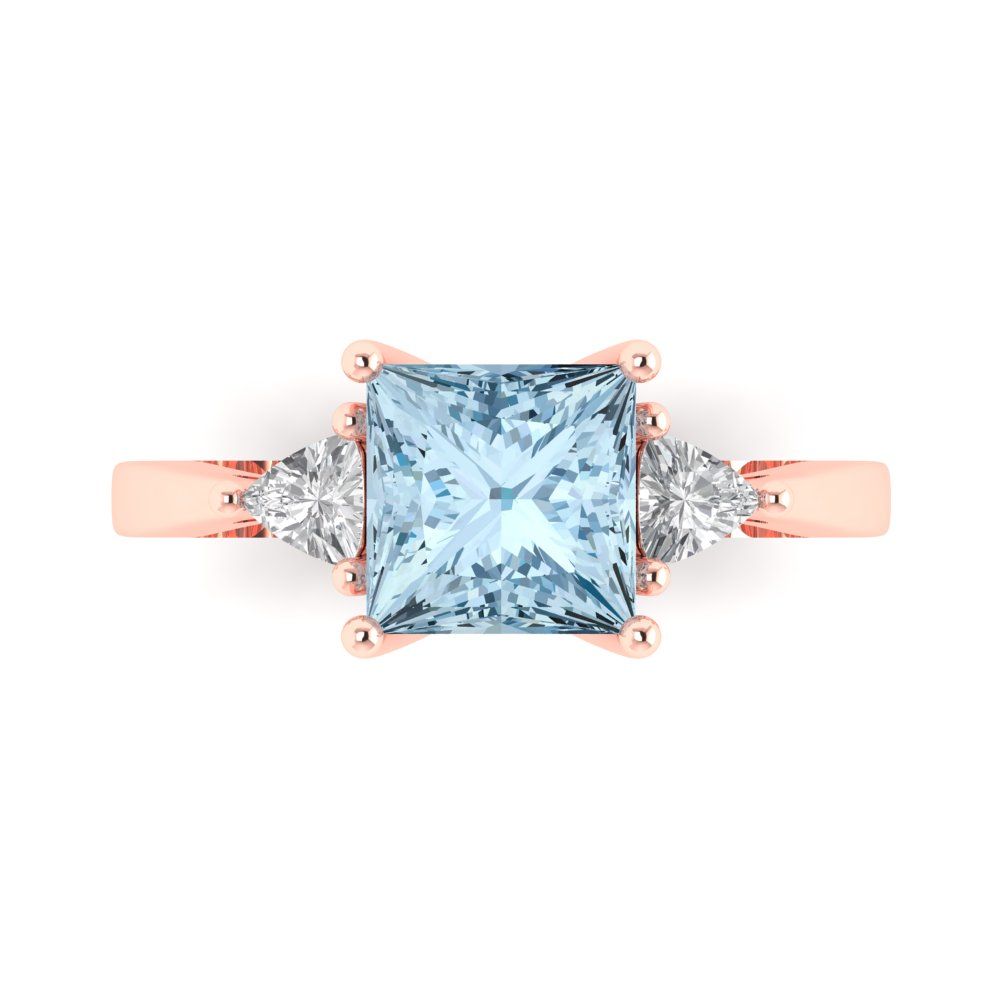 2.32 cttw Natural Swiss Blue Topaz Three-Stone Engagement Ring - Solid Rose Gold (VVS1, Princess Cut,7.0mm)
