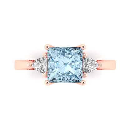 2.32 cttw Natural Swiss Blue Topaz Three-Stone Engagement Ring - Solid Rose Gold (VVS1, Princess Cut,7.0mm)