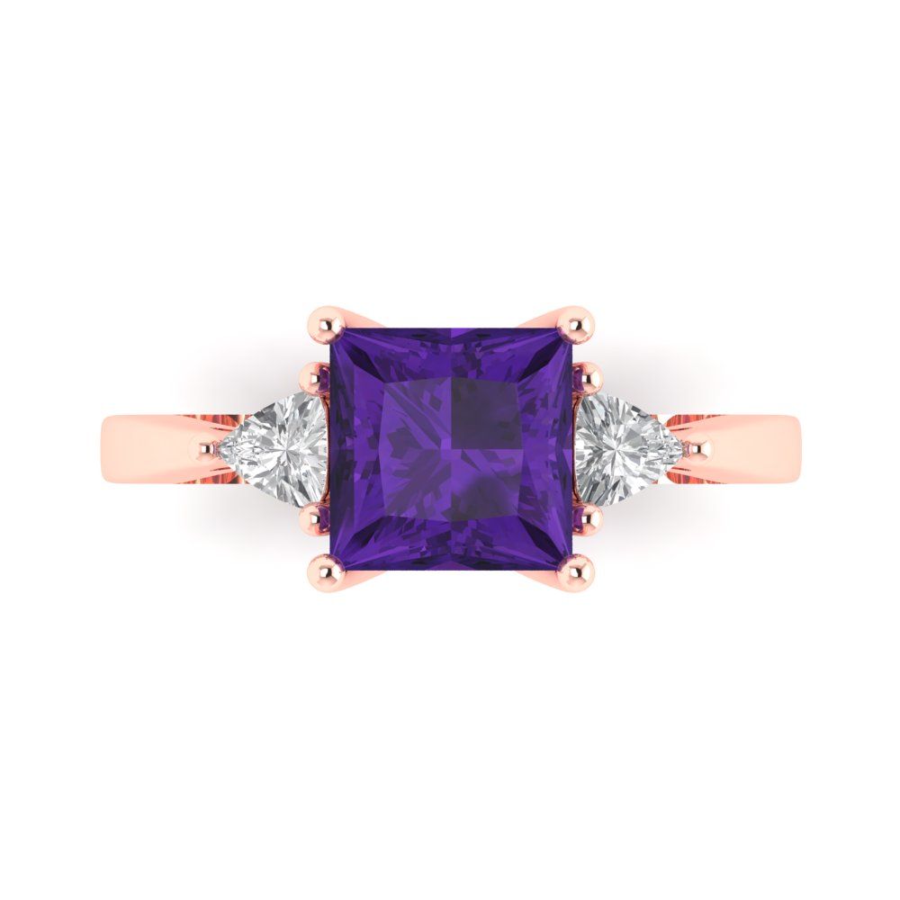 2.32 cttw Natural Amethyst Three-Stone Engagement Ring - Solid Rose Gold (VVS1, Princess Cut,7.0mm)
