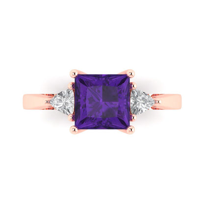 2.32 cttw Natural Amethyst Three-Stone Engagement Ring - Solid Rose Gold (VVS1, Princess Cut,7.0mm)