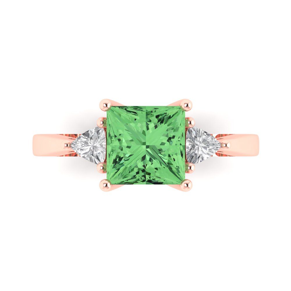 2.32 cttw Zirconia Simulated Green Diamond Three-Stone Engagement Ring - Solid Rose Gold (VVS1, Princess Cut,7.0mm)