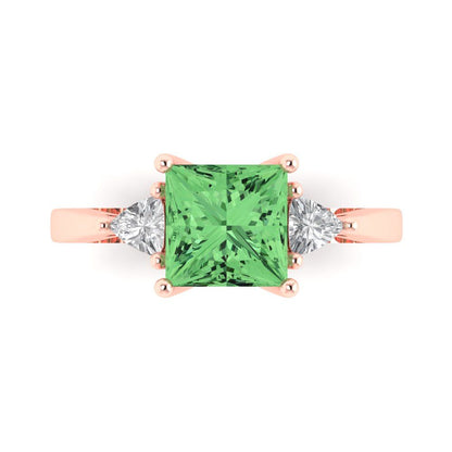 2.32 cttw Zirconia Simulated Green Diamond Three-Stone Engagement Ring - Solid Rose Gold (VVS1, Princess Cut,7.0mm)