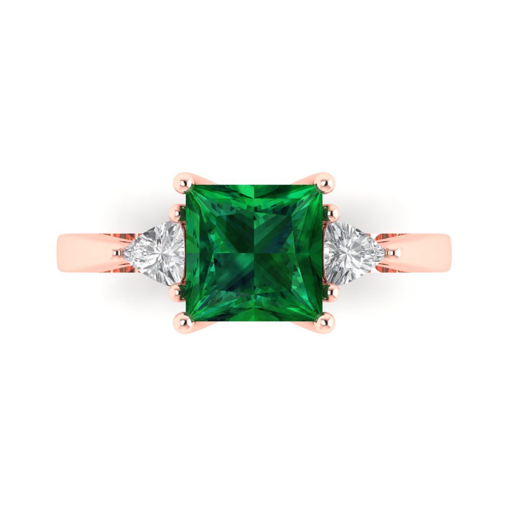 2.32 cttw Simulated Emerald Three-Stone Engagement Ring - Solid Rose Gold (VVS1, Princess Cut,7.0mm)
