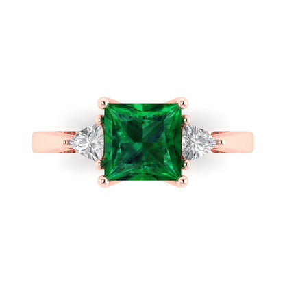 2.32 cttw Simulated Emerald Three-Stone Engagement Ring - Solid Rose Gold (VVS1, Princess Cut,7.0mm)