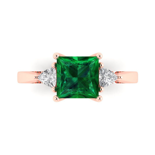 2.32 cttw Simulated Emerald Three-Stone Engagement Ring - Solid Rose Gold (VVS1, Princess Cut,7.0mm)