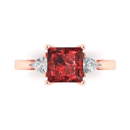2.32 cttw Natural Garnet Three-Stone Engagement Ring - Solid Rose Gold (VVS1, Princess Cut,7.0mm)