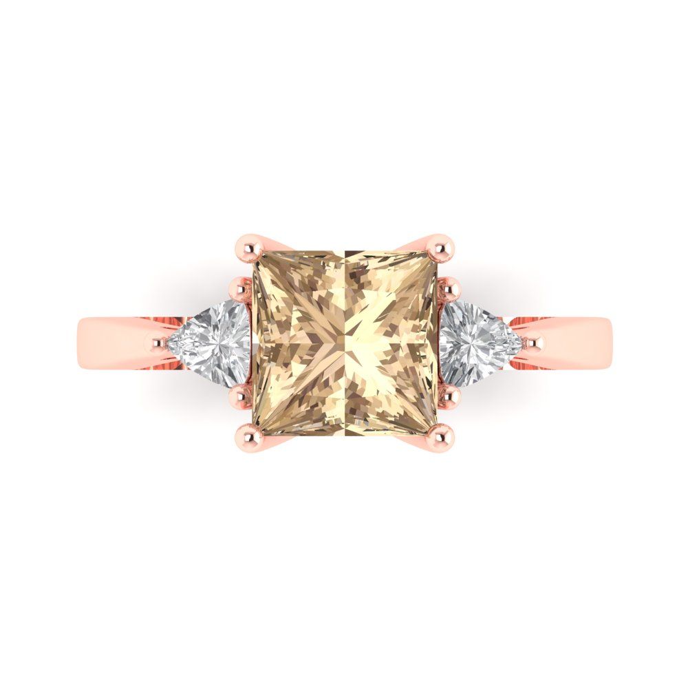 2.32 cttw Yellow Moissanite Three-Stone Engagement Ring - Solid Rose Gold (VVS1, Princess Cut,7.0mm)