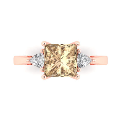 2.32 cttw Yellow Moissanite Three-Stone Engagement Ring - Solid Rose Gold (VVS1, Princess Cut,7.0mm)