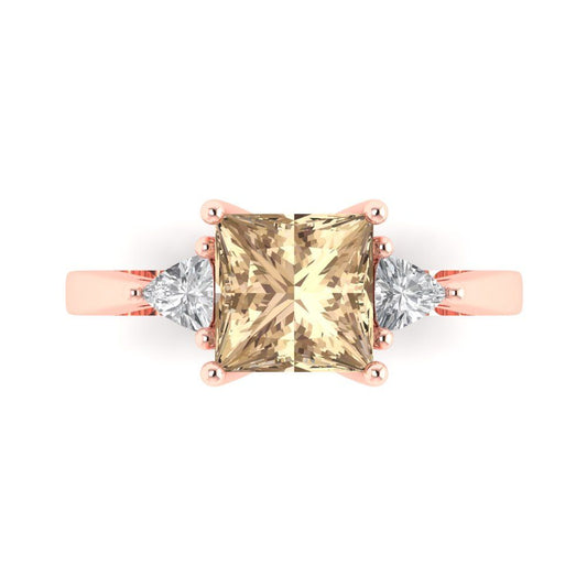 2.32 cttw Yellow Moissanite Three-Stone Engagement Ring - Solid Rose Gold (VVS1, Princess Cut,7.0mm)