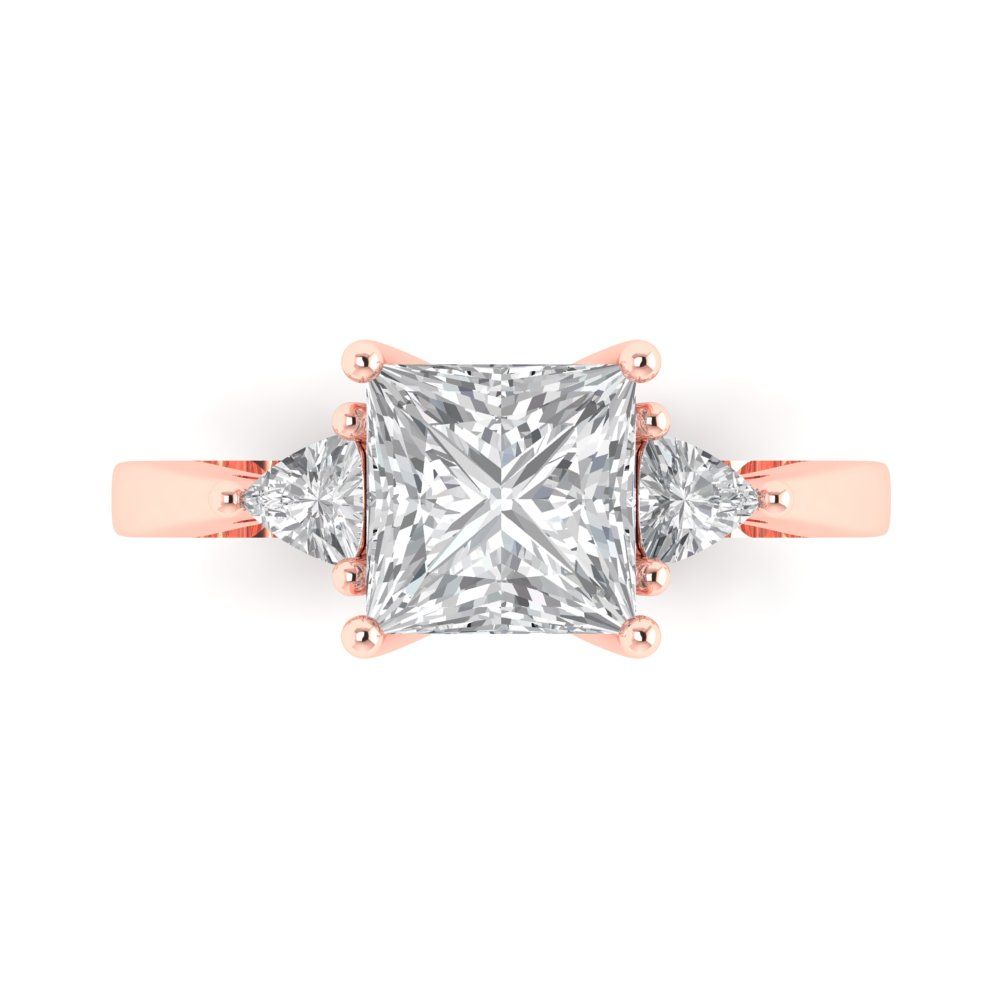 2.32 cttw White Sapphire Three-Stone Engagement Ring - Solid Rose Gold (VVS1, Princess Cut,7.0mm)