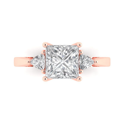 2.32 cttw White Sapphire Three-Stone Engagement Ring - Solid Rose Gold (VVS1, Princess Cut,7.0mm)